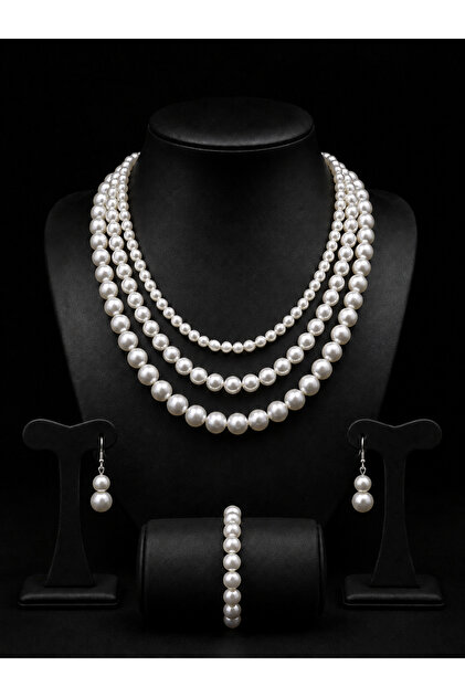 3-Piece Women's White Pearl Accessory Set, 3 Necklaces, Bracelet, and Earrings with a Stylish Design for Parties and Occasions