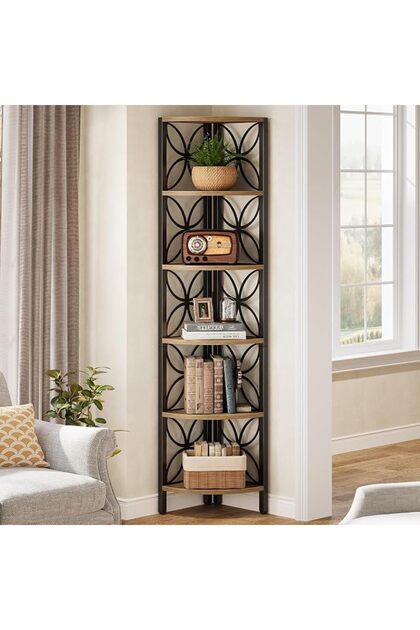 Tribe Sins 6-Tier Corner Shelf, 71" Industrial Rustic Design Bookshelf for Living Room, Wooden Shelving Unit