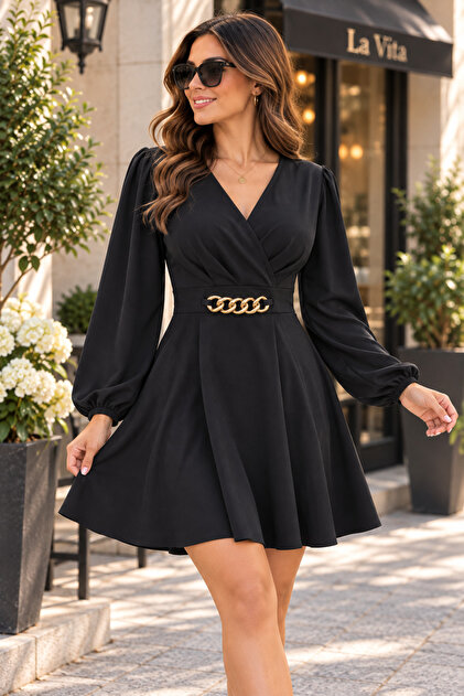 Timeless Elegance - Women's Double-Breasted V-Neck Long Sleeve Gold Chain Buckle Detailed Waist-Fitted Flared Mini Dress