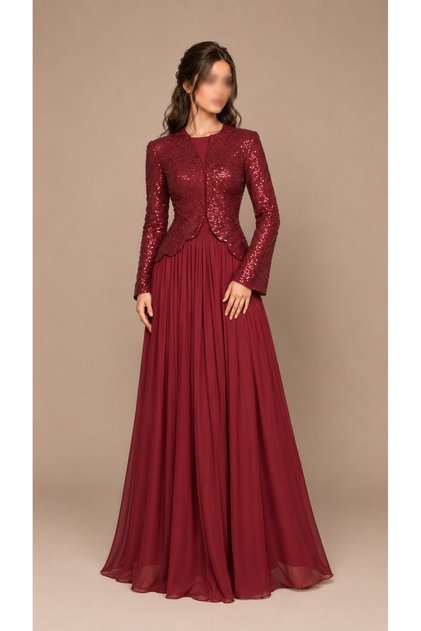 Burgundy Evening Gown with Sequined Top and Crinkled Chiffon Cut-Out Design
