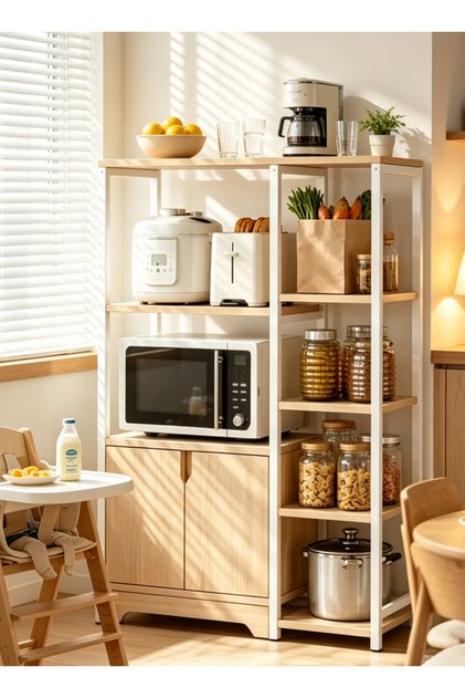 Kitchen shelf with multiple layers and cabinet doors that extends to the floor. Household multi-functional iron storage rack.