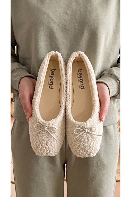 Women's Beige Sherpa Furry Bowknot Casual Ballerinas 1 cm Byndsharp01