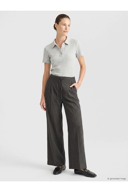 Anthracite Belted Lace-Up Pleated Women's Fabric Trousers