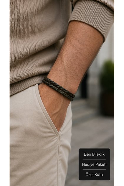 Corten Mossweave Khaki Leather Men's Bracelet - Double Row Braided Design