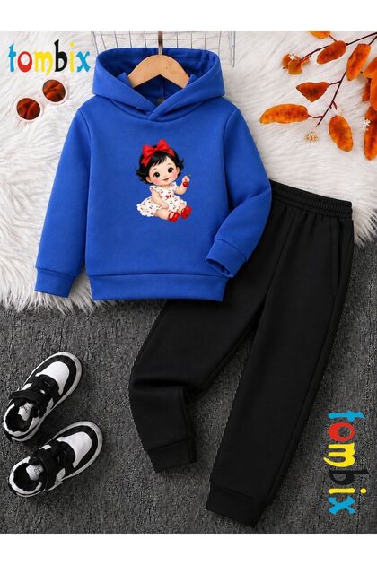 Kirazcı Girl's Printed Thick Winter Hooded Top/Bottom Children's Tracksuit Set (Pockets on the Bottom of the Pants)