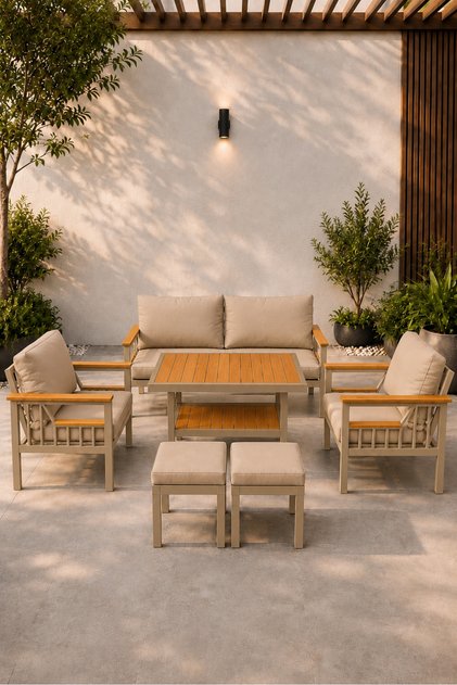 Sole Serisi Balkon Takımı, 2-1-1 Cappuccino Bahçe Takımı, (2'li Koltuk 70x150, 2 Tekli Koltuk 70x70, Masa 70x110, 2 puf)