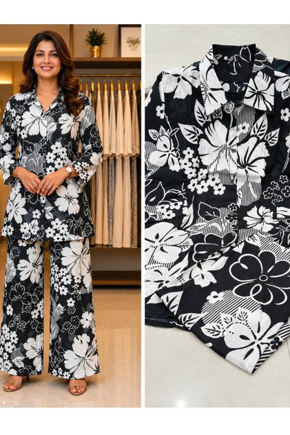 Black Patchwork Print Cotton Co-Ord Set - NRMD9304 | Black-Size:M-38-Inches