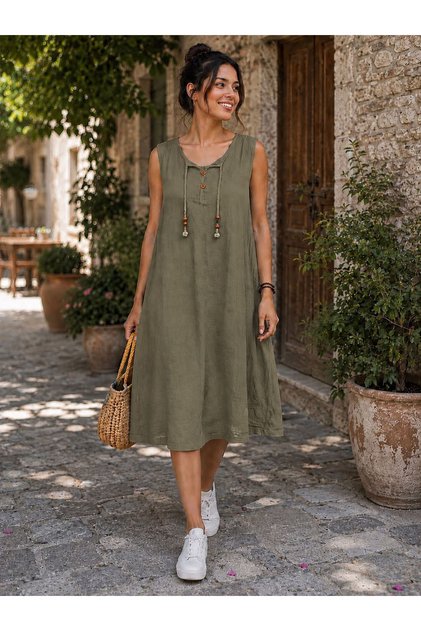 Wide Cut Khaki 100% Cotton Muslin Fabric Thick Strap Bell Dress