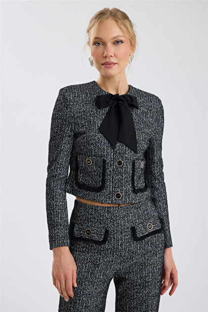Padded Crop Tweed Jacket with Bow