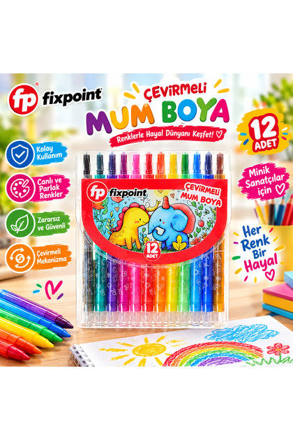 Fixpoint 12’li Çevirme Mekanizmalı Mum Boya Seti – Renkli Çocuk Boyama Kalemleri