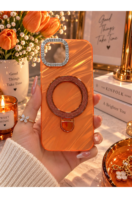 İPhone 13/14 Uyumlu Standlı Premium Taşlı Parlak Sedefli Kılıf – Kamera Çerçeveli, Şık Tasarım, Darbe Emici