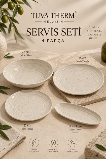 Tuva Therm Beige Melamine Serving Set 4 Pieces - Unbreakable Bowl, Serving, Dessert, and Kayık Plate Set