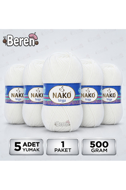 Vega - Beyaz (208) - 5'li Paket x 100GR/195M - Bebek-Hırka-Kazak-Atkı-Bere-Patik Anti Pilling Tüylenmez Ip