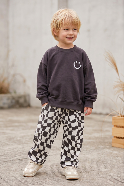Children's Smiley Printed Anthracite Sweatshirt and Checkerboard Patterned Sweatpants Set