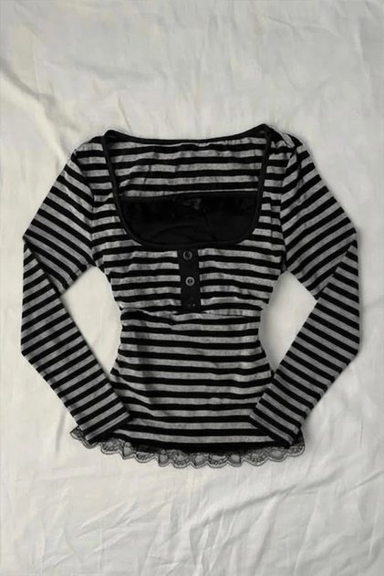 Striped Button Lace Collar Detail Long Sleeve Crop Body