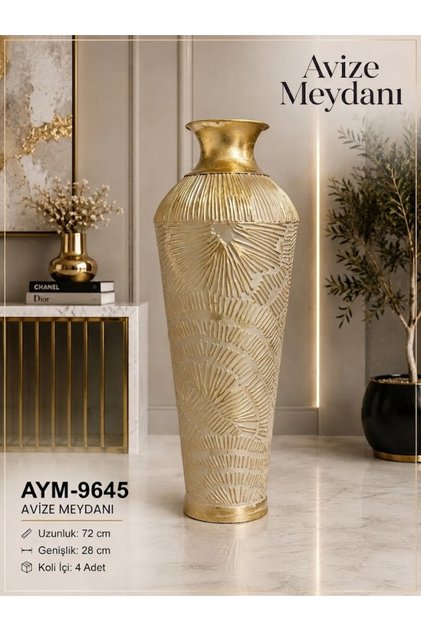 Avize Meydanı Modern Rölyef Desenli Lüks Gold Metal Zemin Vazosu (72 cm)