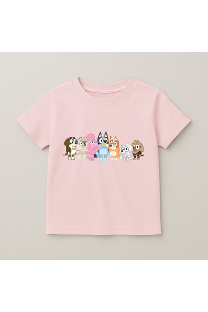 Bluey Friend Group Printed Kids T-Shirt 100% Cotton Pink
