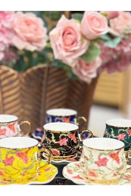 Colorful Porcelain Coffee Cup Set for 6 People - Gold Gilded Floral Pattern