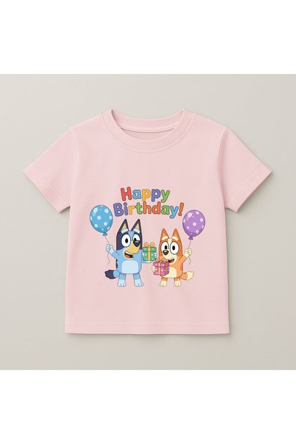 Bluey Birthday Balloon Printed Children's T-Shirt 100% Cotton Pink