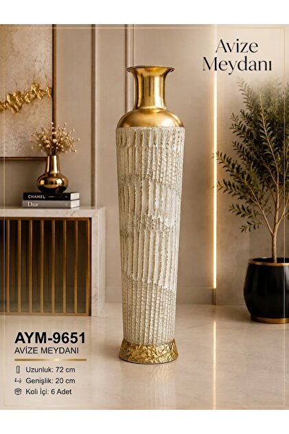 Avize Meydanı Artisan Dokulu Gold Detaylı Uzun Metal Vazo (72 cm)