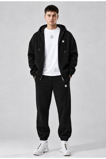 Men's Printed Oversize Zipper Hooded Sweatshirt, Crew Neck T-Shirt and Rubber Cuff Sweatpants Three-Piece Set