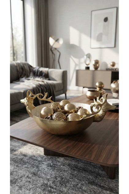 İthal Glazze Deer Geyikli Sedefli Orta Sehpa Aksesuarı Meyvelik Sunumluk 33cm