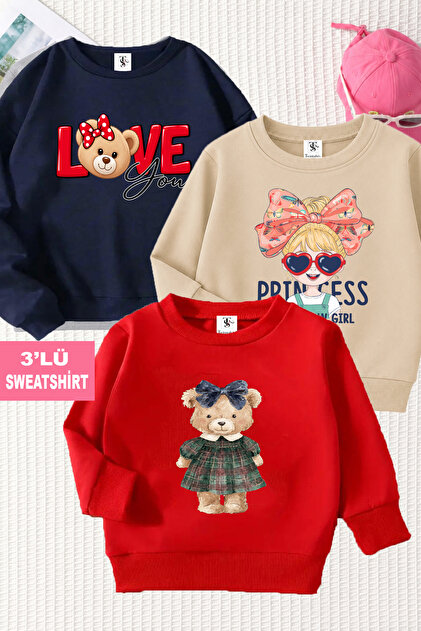 Kız Çocuk 3'lü Paket İçi Şardonlu Pıncess Kız Ve Bear Baskılı Kırmızı-Lacivert-Bej Çocuk Sweatshirt