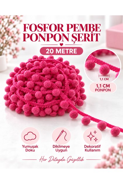 20 Meters of Phosphor Pink Pompom Ribbon – 1.1 cm Pompom Ribbon – Towel Edge, Baby Blanket, Pillow, Curtain, and Decorative Textile Trim