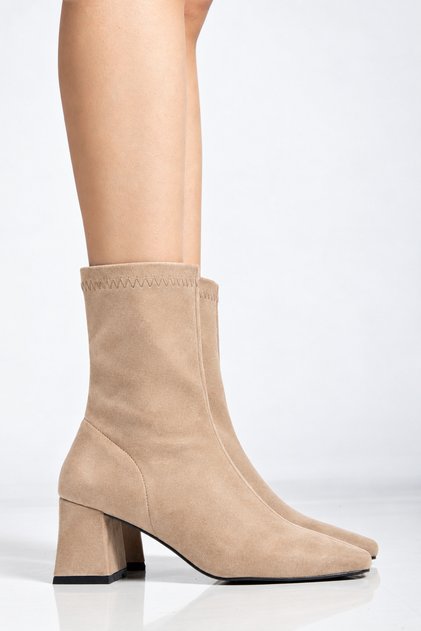 Women's Beige Suede Stretch Ankle Mid-Heel Boots