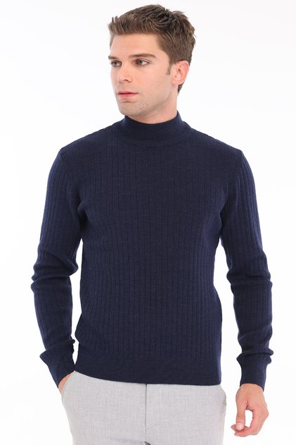 Navy Blue Men's 80% Wool 20% Acrylic Ribbed Knit Half Turtleneck Sweater Trist-5372