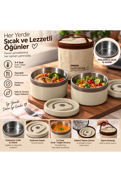 2'li Çelik Termoslu Lunch Box Yemek Kabı Seti
