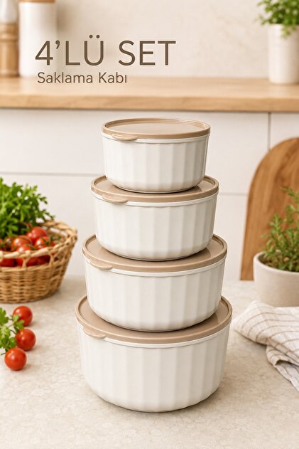 4'lü Yuvarlak Matruşka Saklama Kabı Seti Çizgili Bej | 2.5l 1.5l 0.80l 0.45l | Mikrodalga Ve Dondurucu Uyumlu