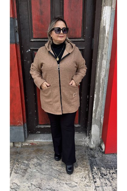 Kadın Kapüşonlu Cepli Fermuarlı Buklet Keçe Hırka Ceket Büyük Beden