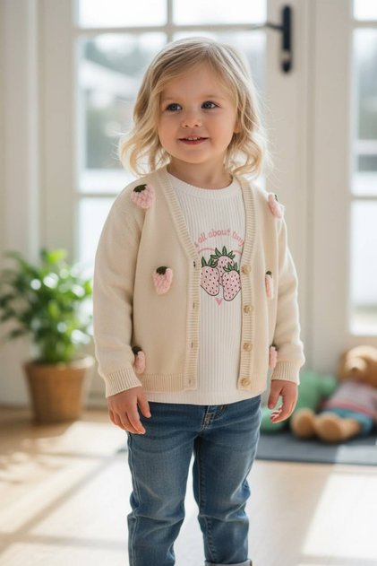Strawberry Patterned Girl's 3-Piece Cardigan, Blouse and Jean Pants Set
