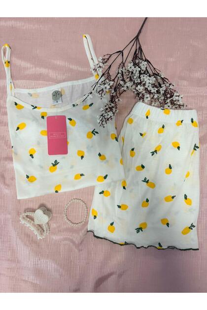 2-Piece Lemon Shorts Summer Pajama Set with Special Pouch