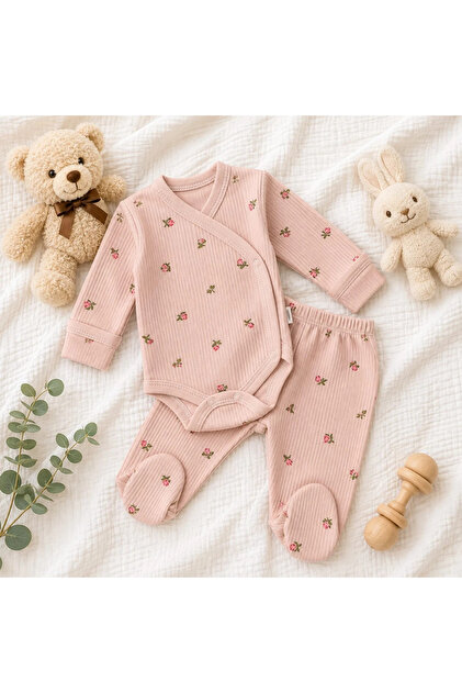 Double-Breasted Baby Suit with Small Flower Print and Foldable Gloves