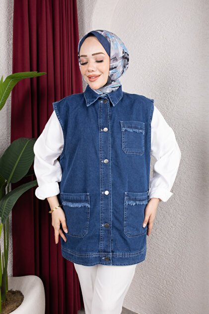 Women's Shirt-Collar Jacket with Pockets, Tassel Detail, Denim Vest