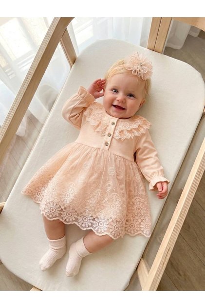 Baby Girl Mevlütlük Dress with Bandana and Lace Newborn Hospital Release Wedding Dress 100% Cotton Evening Dress Mevlitlik 4037