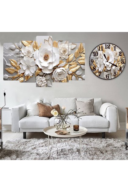 Çiçekli Dekoratif Desenli Mdf Tablo 5 Parça Set ve Saatli Takım, Tablo