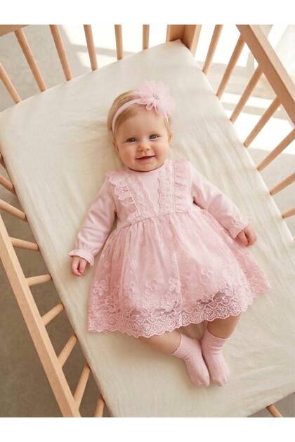 Baby Girl Mevlütlük Dress with Bandana and Lace Newborn Hospital Release Wedding Dress Evening Dress Mevlitlik 100% Cotton 4040