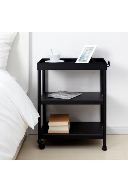 Side table, black, with wheels, separate shelves for newspapers and books, 50x35 cm