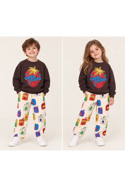 Renkli Yazı ve Çilek Baskılı Unisex Çocuk Eşofman Takım %100 Pamuklu 2Yaş-8Yaş