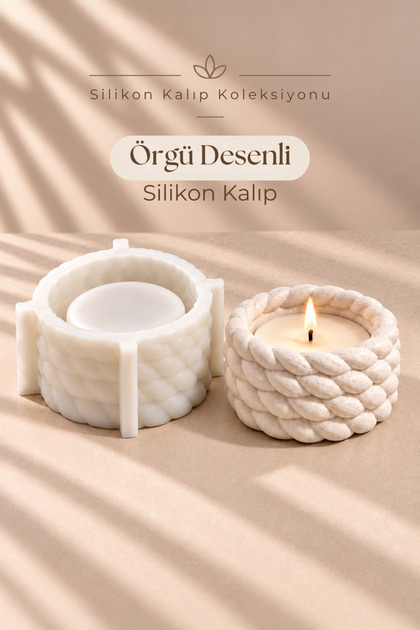 Örgü Desenli Silikon Kalıp Dekoratif Kap ve Mumluk Kalıbı 7x7x3 cm