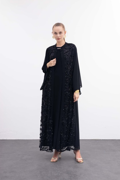 Taş İşlemeli Abaya, Siyah Tesettür Elbise