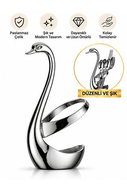 Kuğu Figürlü Paslanmaz Çelik Çatal Kaşık Standı – Dekoratif Metal Sofra Düzenleyici