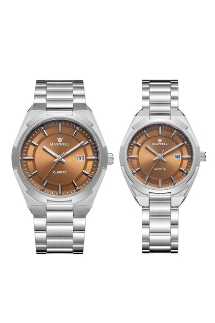 Maxwell Men's & Women's Quartz Watch Set - Silver with Brown Dial
