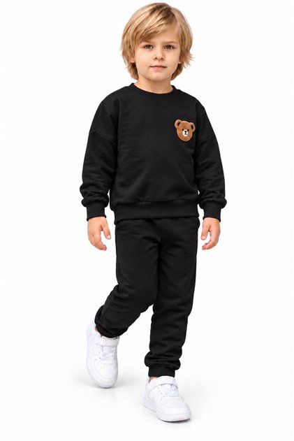Boy's Black Tracksuit Set with Teddy Bear Detail – Sweatshirt & Jogger Pants
