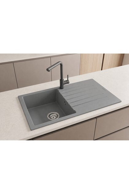 RealStone P004 TROYA 86 86×50 cm Gri Granit Evye + Tekli Sifon ve Montaj Takımı Seti
