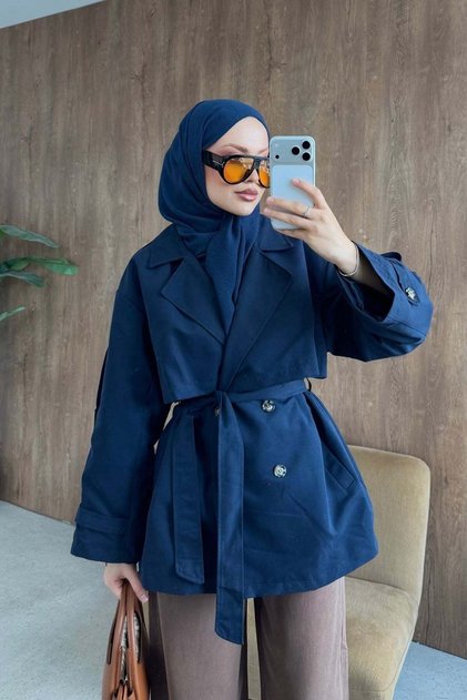 Styl Buttoned Half Trench Navy Blue