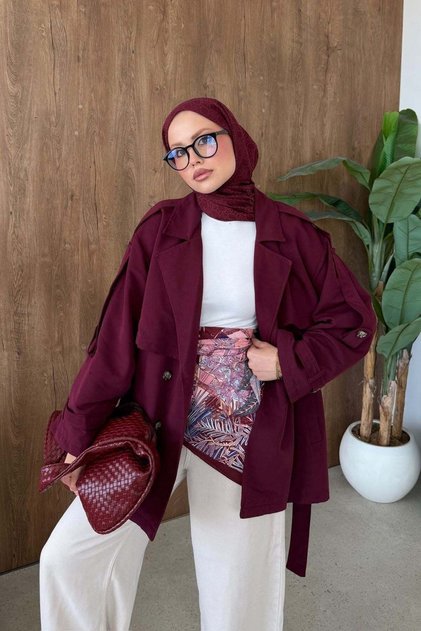Styl Buttoned Half Trench Burgundy